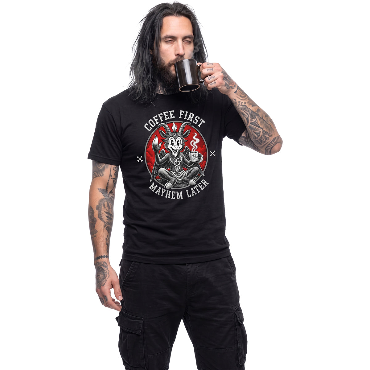 COFFEE AND MAYHEM - Front Print T-Shirt Black
