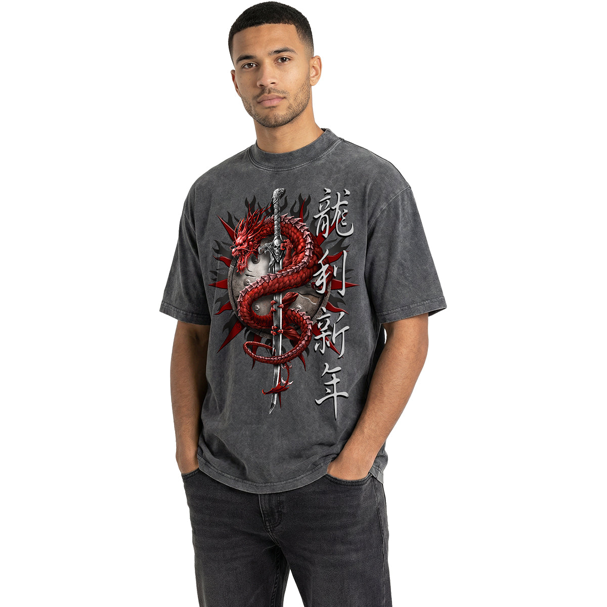 ORIENTAL DRAGON - Oversized Box T-Shirt Acid Wash Charcoal