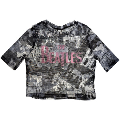 THE BEATLES - ALL-OVER-PRINT & DROP T LOGO - Ladies Crop Top White