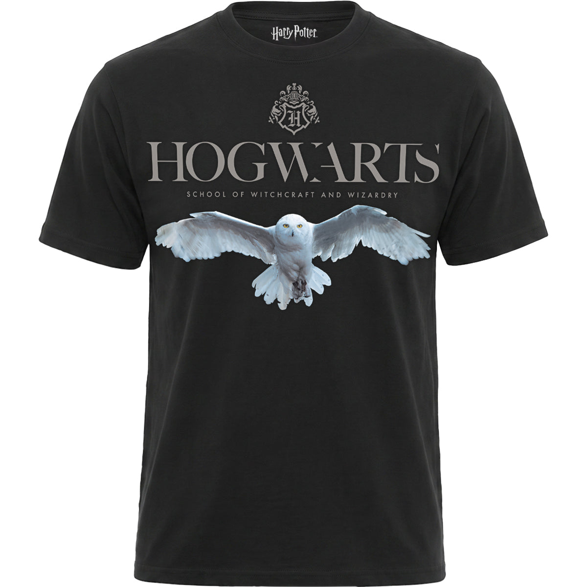 HARRY POTTER - HEDWIG HOGWARTS LOGO - Front Print T-Shirt Black