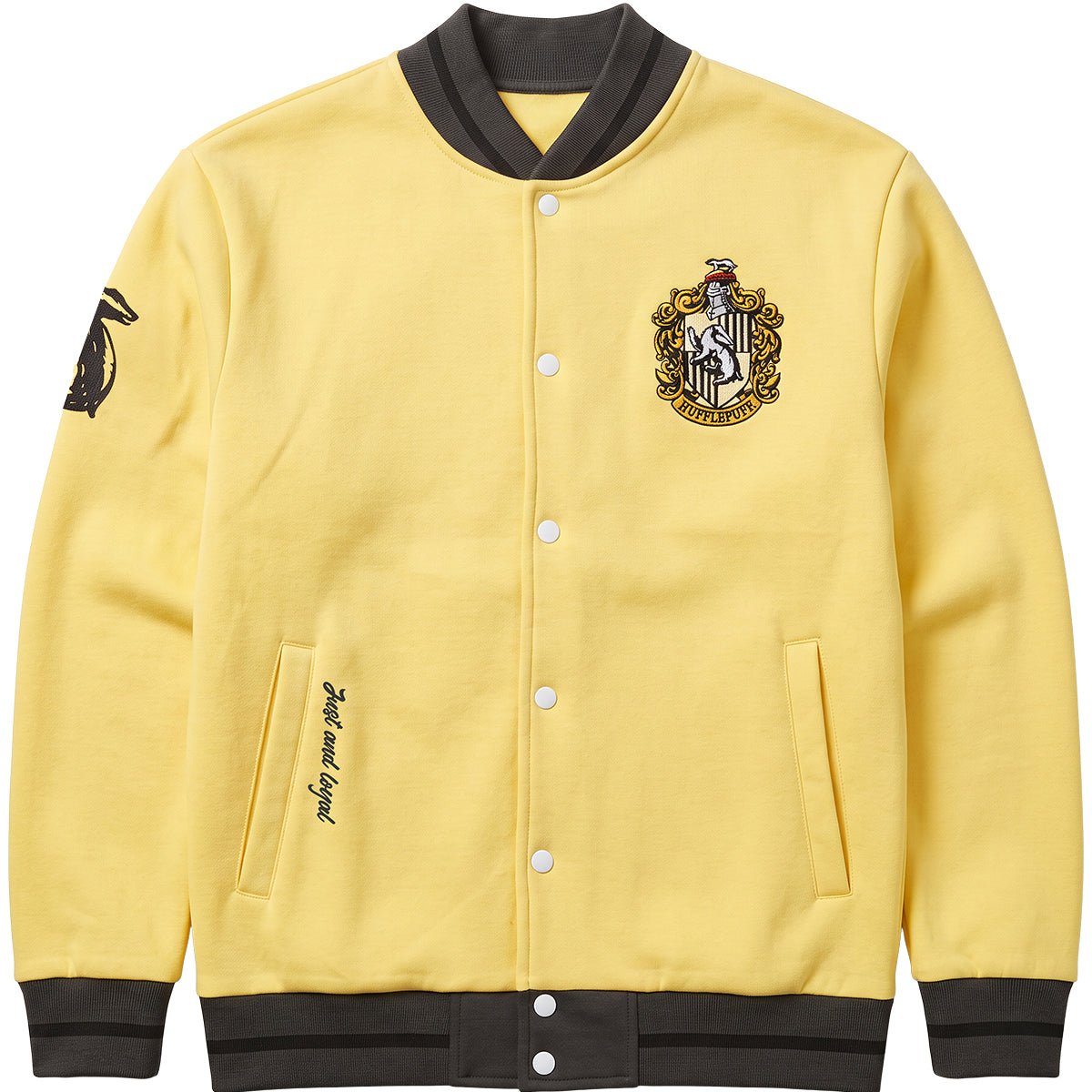 HARRY POTTER - HUFFLEPUFF CREST SLOGAN - Baseball Jacket Dk Yellow Black Trim