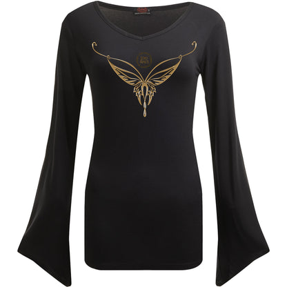 LOTR - ELVEN NECKLACE - V Neck Goth Sleeve Top Black