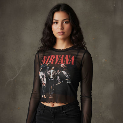 NIRVANA - IN UTERO BAND PHOTO - Ladies Long Sleeve Crop Top Black