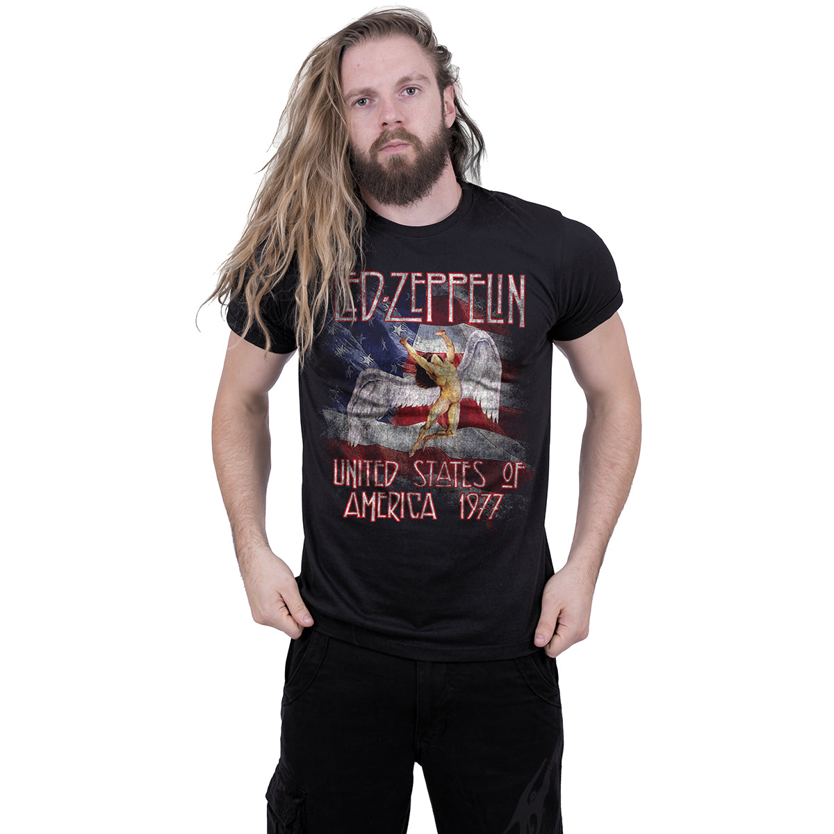LED ZEPPELIN - STARS N STRIPES USA 77 - T-SHIRT - Front Print T-Shirt Black