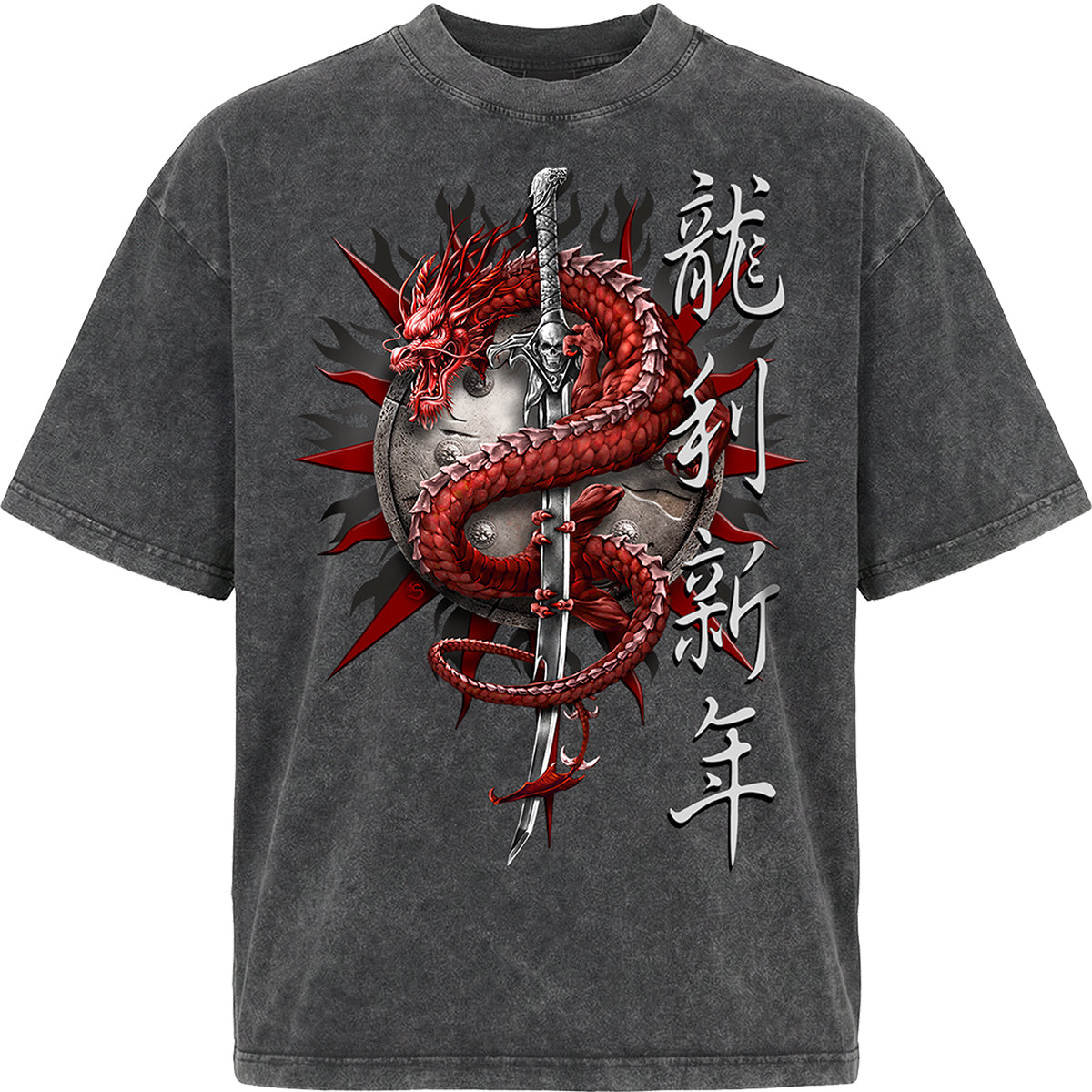 ORIENTAL DRAGON  - Oversized Box T-Shirt Acid Wash Charcoal
