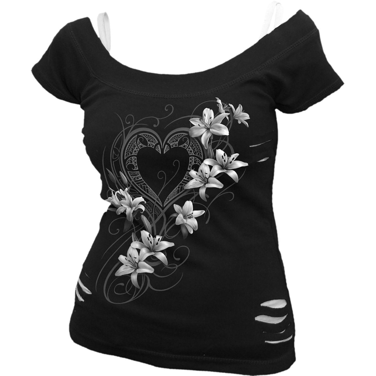 PURE OF HEART - 2in1 White Ripped Top Black - Spiral USA