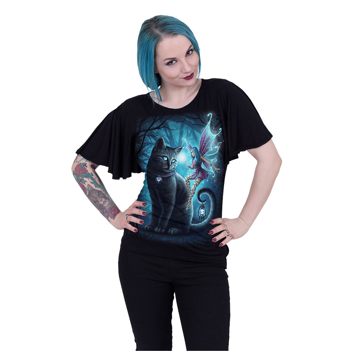 CAT AND FAIRY - Boat Neck Bat Sleeve Top Black - Spiral USA