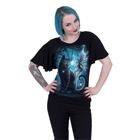 CAT AND FAIRY - Boat Neck Bat Sleeve Top Black